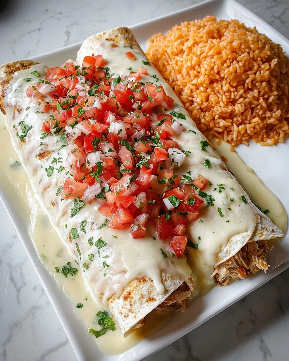 The image shows two rolled tortillas filled with shredded chicken, placed side by side on a white rectangular plate with a white marbled surface underneath. The tortillas are covered by a thick, creamy white sauce that spreads out slightly onto the plate, creating a smooth, glossy layer. On top of the sauce, there is a layer of diced bright red tomatoes and finely chopped green herbs scattered evenly across both tortillas. To the right of the tortillas, there is a mound of orange-colored rice with a slightly glossy texture and separated grains. The overall look is colorful with a contrast of creamy white, red, green, and orange hues. Photo taken with an iphone --ar 4:5 --v 7