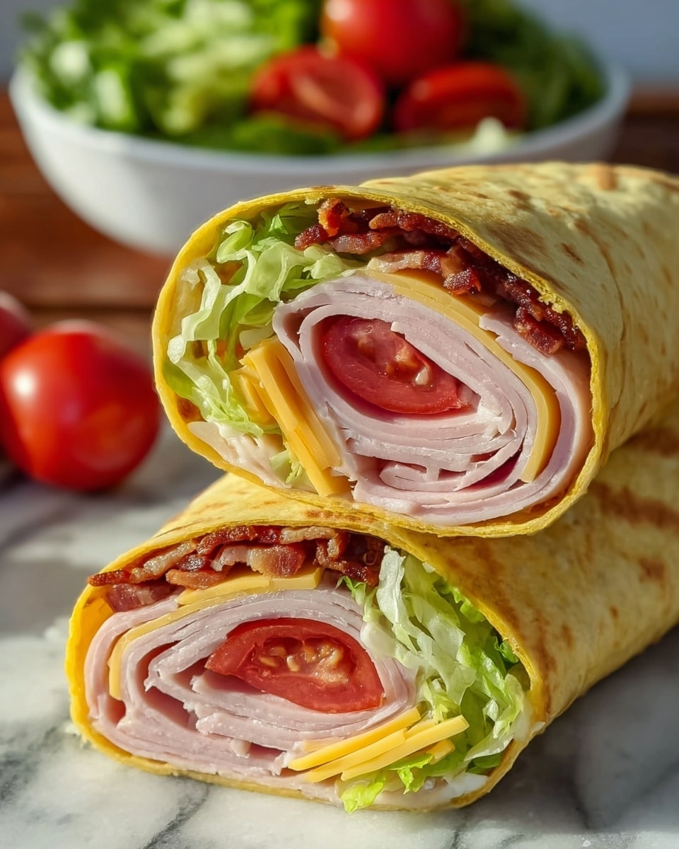 A close-up view of two wrap halves stacked on a white marbled surface, each showing multiple layers inside a yellow flatbread. The first layer inside is thinly sliced pink turkey meat, folded smoothly. On top of the turkey are crispy brown bacon strips with a slightly rough texture. Next, there are bright red tomato pieces, juicy and shiny, placed with green shredded lettuce leaves that look fresh and crisp. One wrap also has pale yellow cheese slices layered under the tomato. The wrap edges are tightly rolled, showing all the ingredients clearly. In the blurred background, there is a white bowl filled with green leafy salad and whole red tomatoes. The photo has natural lighting and sharp focus on the wraps. photo taken with an iphone --ar 4:5 --v 7