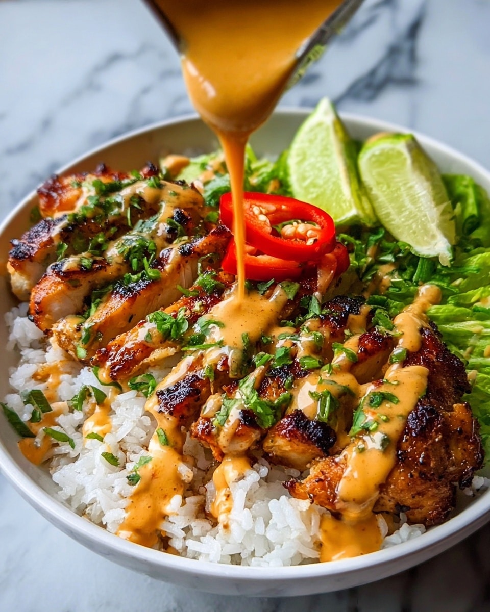 A white bowl filled with a base layer of white rice, topped with grilled chicken pieces that have a golden-brown char. The chicken is drizzled with a creamy orange sauce and sprinkled with chopped green herbs. A sliced red chili sits in the center, with more sauce being poured over it from above. To the side, there are fresh green lime wedges and light green lettuce strips arranged around the chicken. The bowl sits on a white marbled surface. photo taken with an iphone --ar 4:5 --v 7