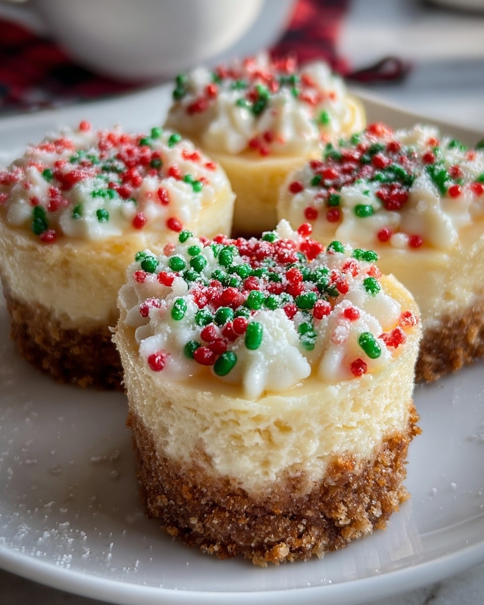 Four mini cheesecakes sit on a white plate on a white marbled surface, each with two layers: a crumbly, brown crust at the bottom and a creamy, pale yellow cheesecake layer on top. The cheesecake layer is topped with small white frosting or glaze covered with red and green sprinkles and a light sprinkle of granulated sugar, adding a festive touch. The photo is a close-up, showing the texture of the crumbly crust and the smooth, soft cheesecake. photo taken with an iphone --ar 4:5 --v 7