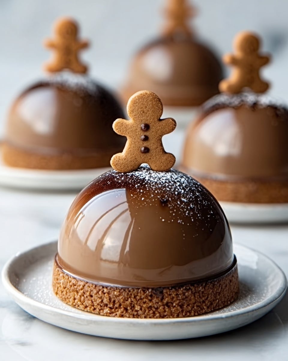 A shiny dome-shaped dessert sits on a white round plate on a white marbled surface. The bottom layer is a light brown crumbly base. Above it is a smooth, glossy milk chocolate dome with a reflective surface that shows soft reflections of the surroundings. On the very top, a small gingerbread man cookie stands upright, adding a cute and festive touch. There are slight dustings of cocoa powder near the base of the dome. The image shows three similar domes softly blurred in the background. photo taken with an iphone --ar 4:5 --v 7