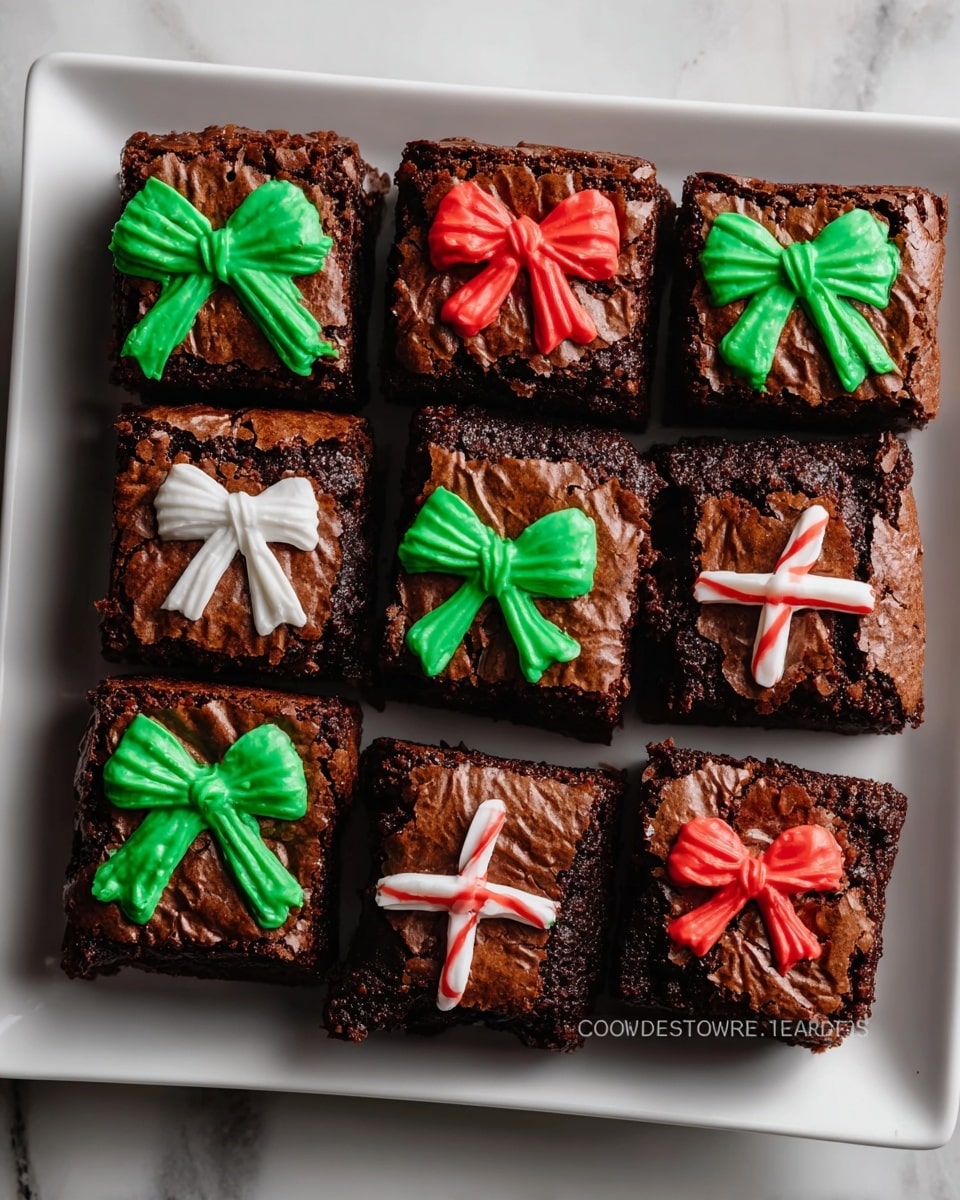 A white square plate holds nine rich chocolate brownies arranged closely in a grid. Each brownie has a cracked, shiny top layer and thick, dense texture visible on the sides. They are decorated with colorful icing shaped like gift bows: most have bright green bows made with smooth icing, while a few feature red bows or a combination of red and white icing lines under the bow, adding a festive look. The plate is set on a white marbled surface, enhancing the contrast with the dark brownies and bright decorations. photo taken with an iphone --ar 4:5 --v 7