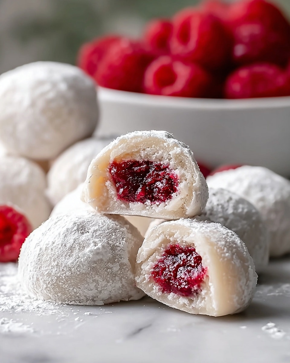 The image shows soft white mochi balls dusted lightly with white powdered sugar, arranged on a white marbled surface. One mochi ball is cut in half in the front center, revealing a vibrant bright red berry filling inside. The mochi exterior is smooth and slightly translucent with a soft texture, and the red filling inside looks juicy and fresh with a slightly chunky texture. In the background, there is a blurry white bowl filled with whole red raspberries, adding a pop of color behind the mochi balls. photo taken with an iphone --ar 4:5 --v 7