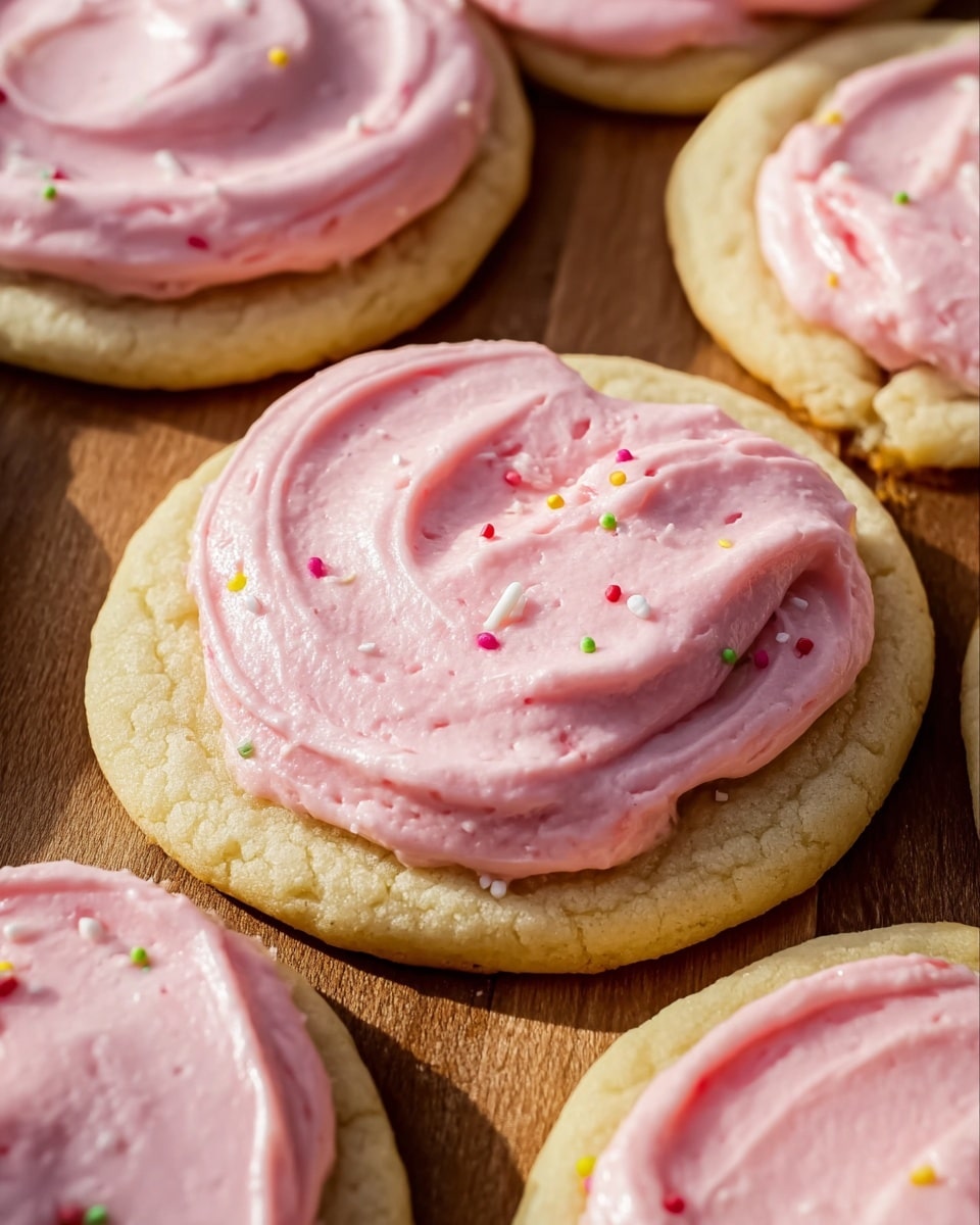 A close-up view of several soft sugar cookies placed on a wooden surface, each cookie has one layer of creamy, smooth pink frosting swirled on top, creating a thick, even coating with a few tiny, colorful sprinkles scattered lightly over the frosting. The cookies are light golden-brown with a slightly cracked texture at the edges, and the frosting has a shiny, almost glossy appearance in the sunlight. photo taken with an iphone --ar 4:5 --v 7