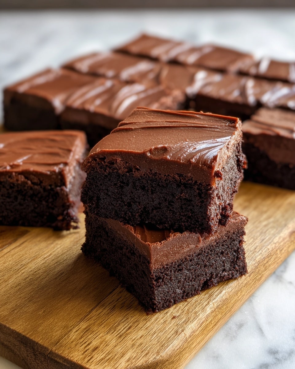 A close-up of thick, square chocolate brownies stacked two high in the front right, showing two distinct layers: a dense, dark brown base and a slightly lighter brown, glossy frosting top layer with a smooth texture and subtle swirls. Behind them, a wooden cutting board holds a neatly cut grid of nine more brownies, each with the same two-layer look and smooth frosting. In the background, a few smaller brownie pieces are scattered, all set on a white marbled textured surface. The lighting highlights the rich, fudgy texture and shiny frosting edges. photo taken with an iphone --ar 4:5 --v 7
