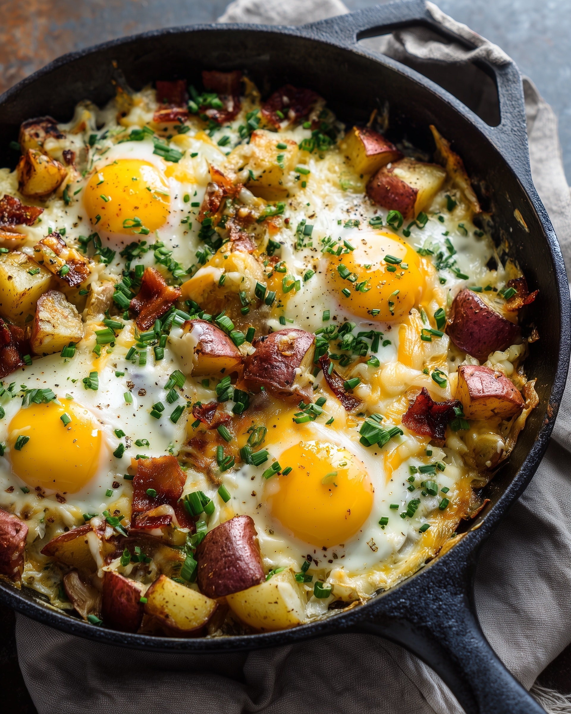 Cheesy Skillet Hash Brown & Eggs Recipe - Recipe Image