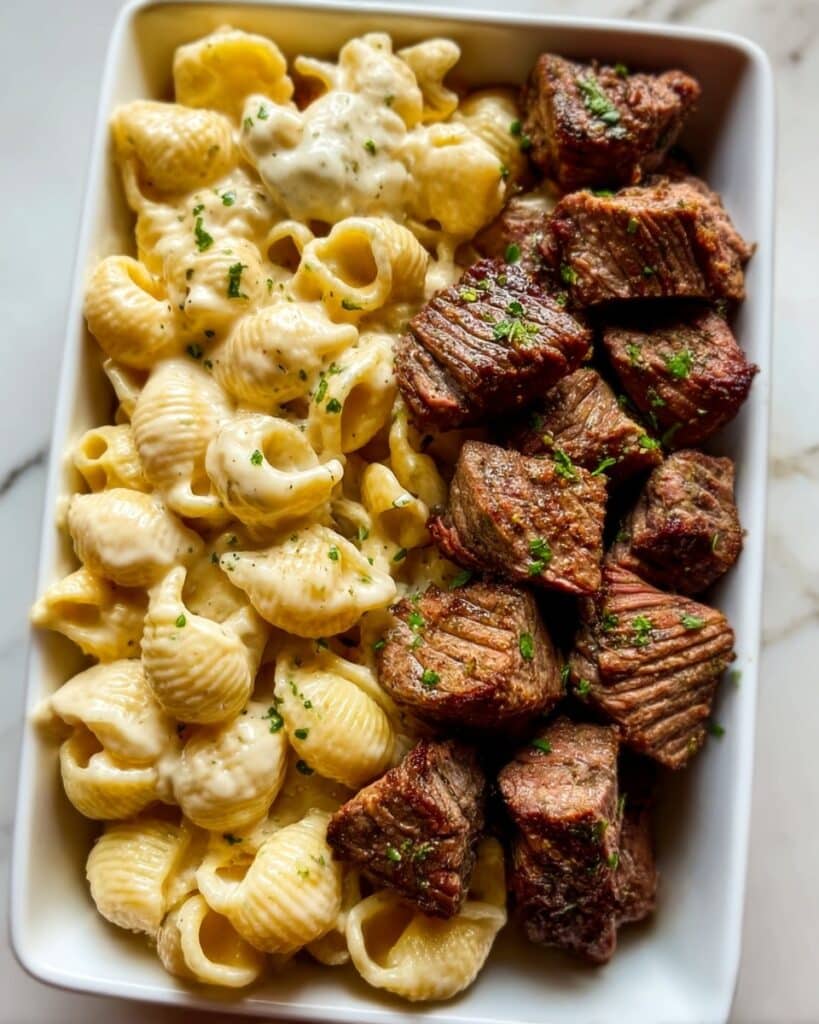 Steak Bites with Shell Pasta in Garlic Butter Alfredo Recipe