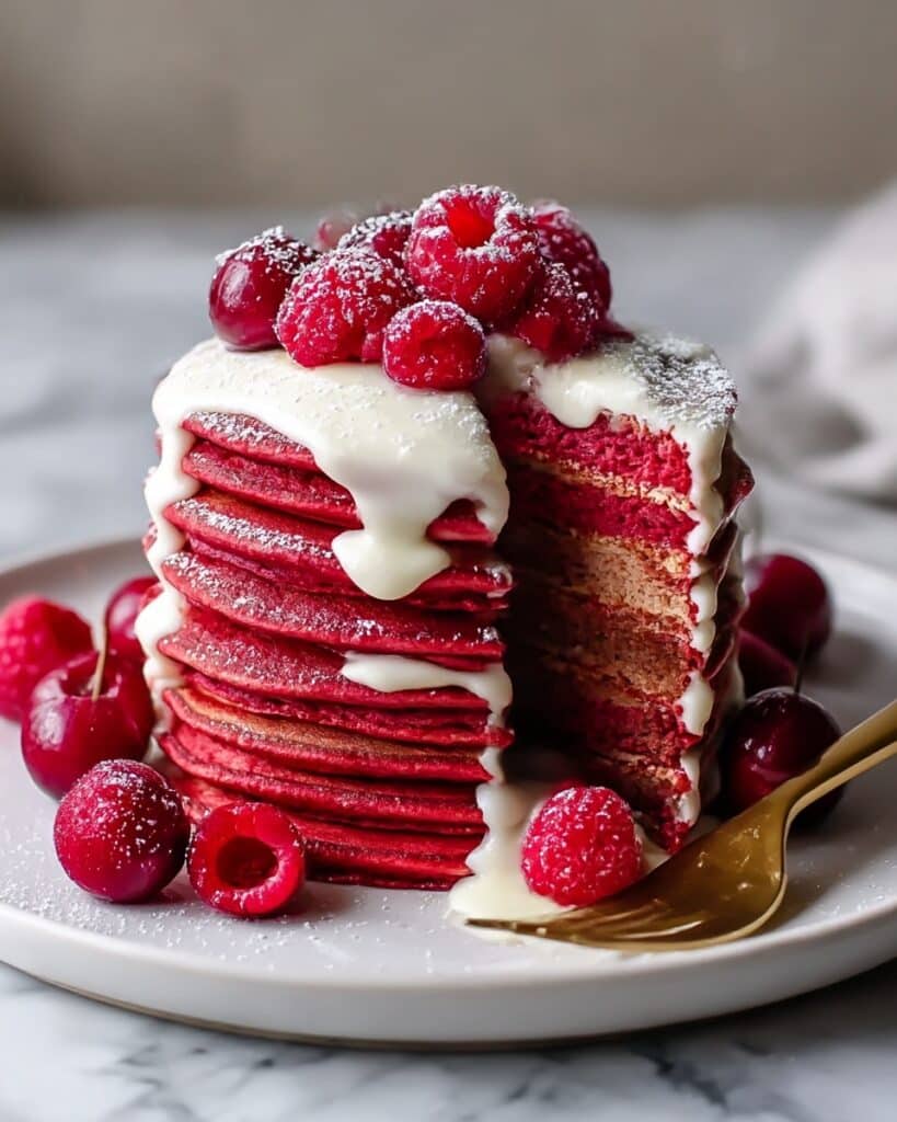 Fluffy Red Velvet Pancakes with Cream Cheese Glaze Recipe