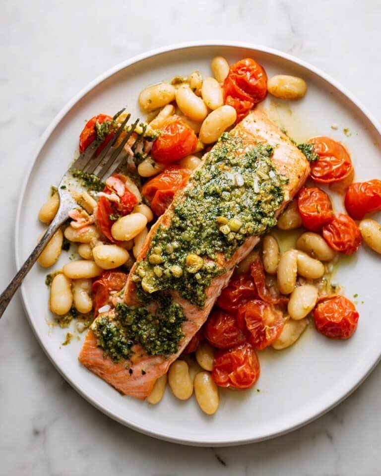 Pesto-Roasted Salmon with Tomatoes and White Beans Recipe