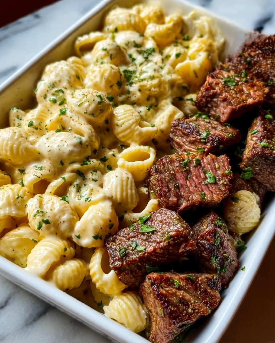 Steak Bites with Shell Pasta in Garlic Butter Alfredo Recipe - Recipe Image