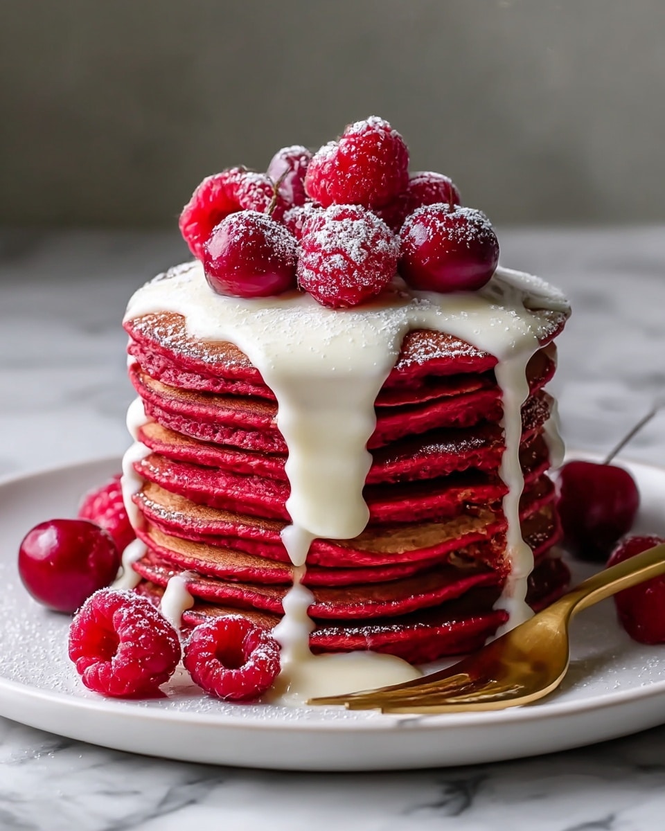 Fluffy Red Velvet Pancakes with Cream Cheese Glaze Recipe - Recipe Image