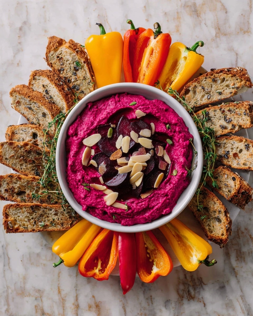 Fresh Beet Hummus with Feta and Slivered Almonds Recipe - Recipe Image