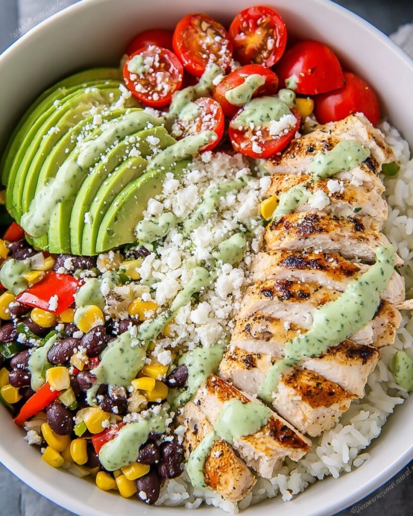 Baja Chicken Bowls with Cilantro Lime Rice and Creamy Cilantro Sauce Recipe