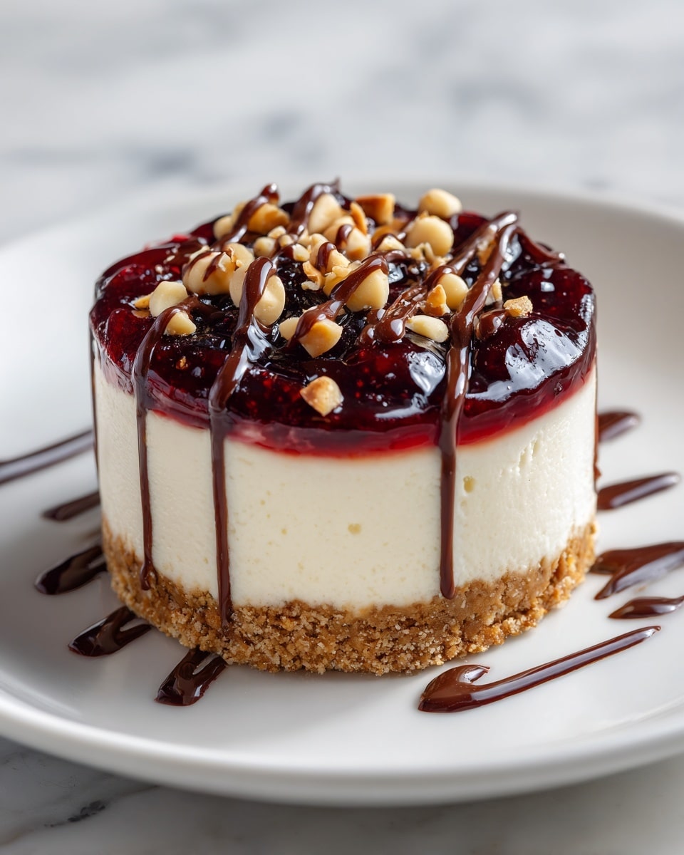 Cherry Blossom Cheesecake with Cherry Pie Filling, Chocolate Drizzle, and Crunchy Nuts Recipe - Recipe Image